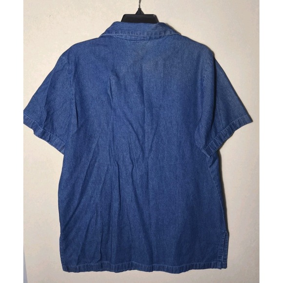 Vintage Denim Button Up Shirt Colorful Embroidered Cats Animal Print Short Large - Picture 5 of 9